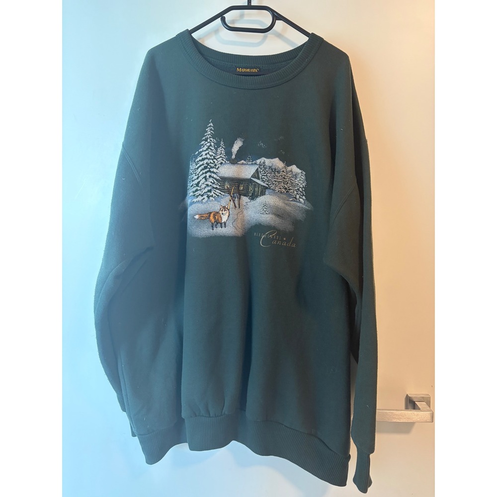 Marshlands Canada Vintage Forest Green Cabin Fox Fleece Sweatshirt Mens 2XL